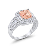 Halo Wedding Ring Princess Simulated Morganite CZ 925 Sterling Silver