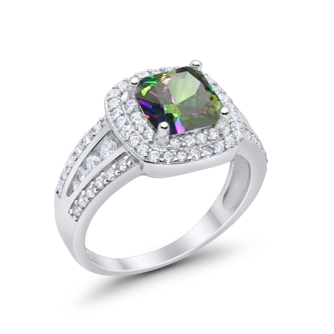 Halo Wedding Ring Princess Simulated Rainbow CZ 925 Sterling Silver