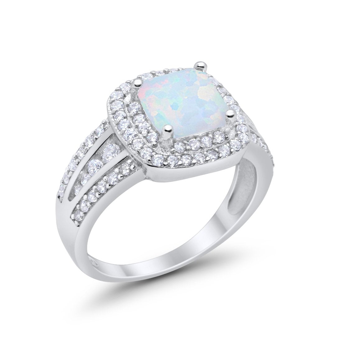 Halo Wedding Ring Princess Lab Created White Opal 925 Sterling Silver