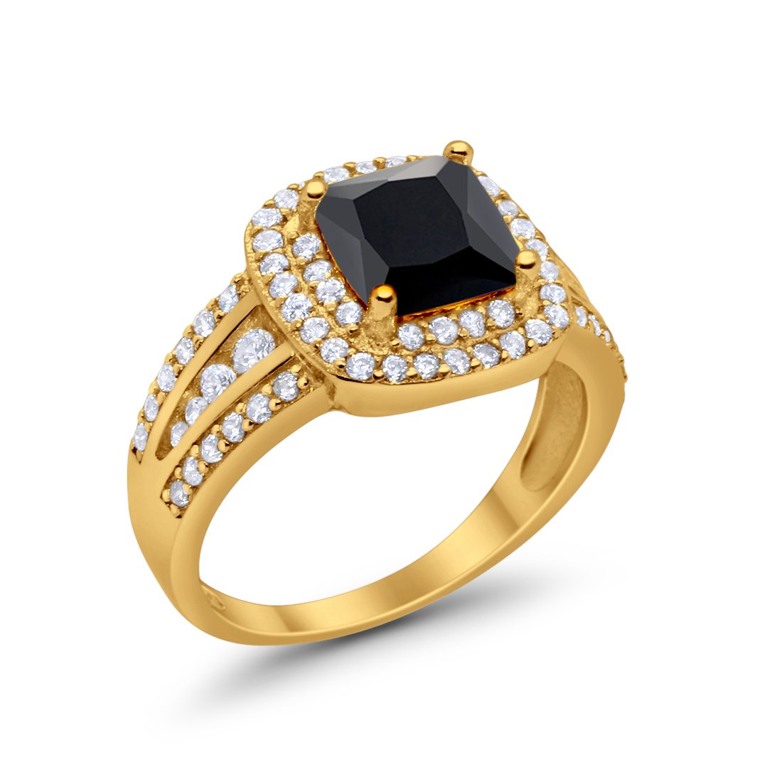 Halo Wedding Ring Princess Yellow Tone, Simulated Black CZ 925 Sterling Silver