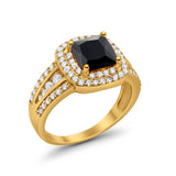 Halo Wedding Ring Princess Yellow Tone, Simulated Black CZ 925 Sterling Silver