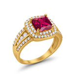 Halo Art Deco Wedding Ring Yellow Tone, Simulated Ruby CZ 925 Sterling Silver
