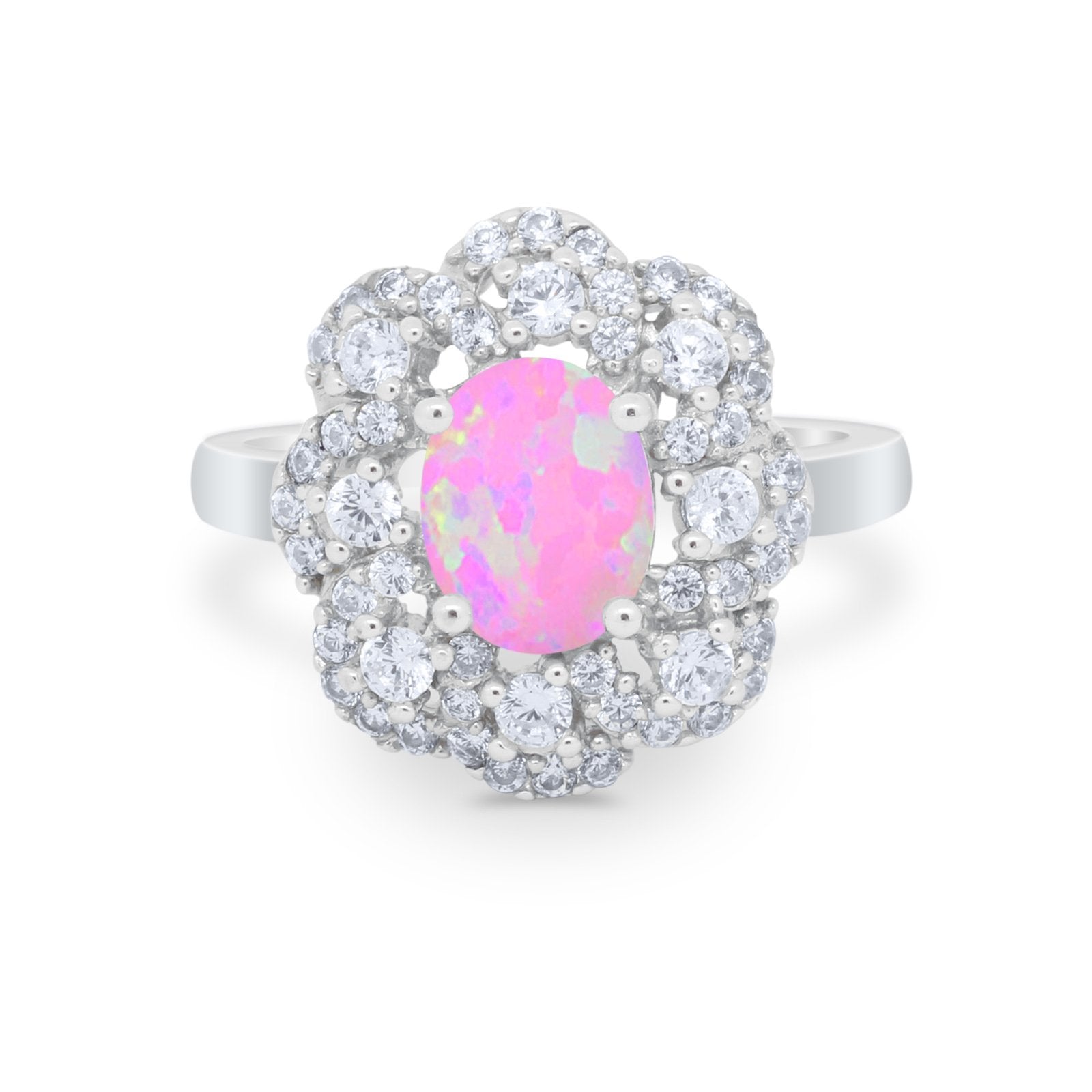 Art Deco Oval Wedding Ring Round Lab Created Pink Opal 925 Sterling Silver