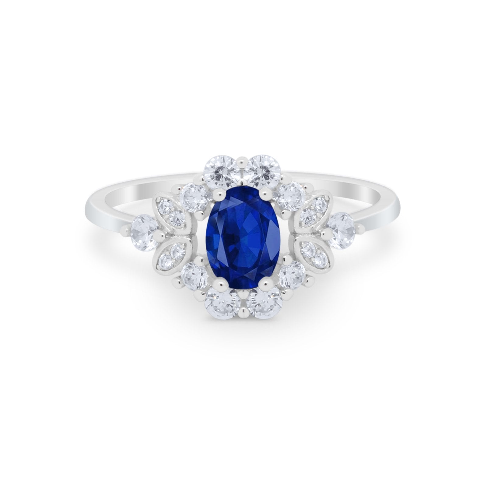 Oval Wedding Ring Vintage Art Deco Round Simulated Blue Sapphire CZ 925 Sterling Silver