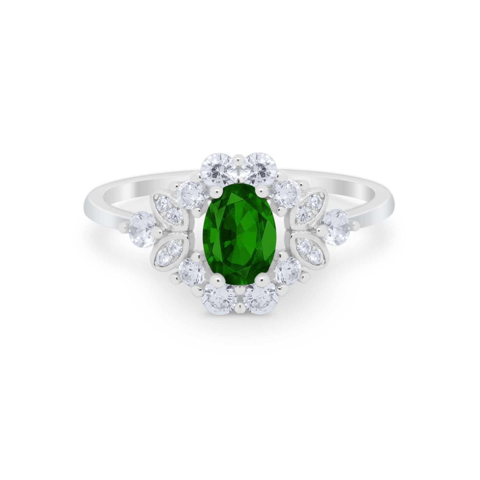 Oval Wedding Ring Vintage Art Deco Round Simulated Green Emerald CZ 925 Sterling Silver