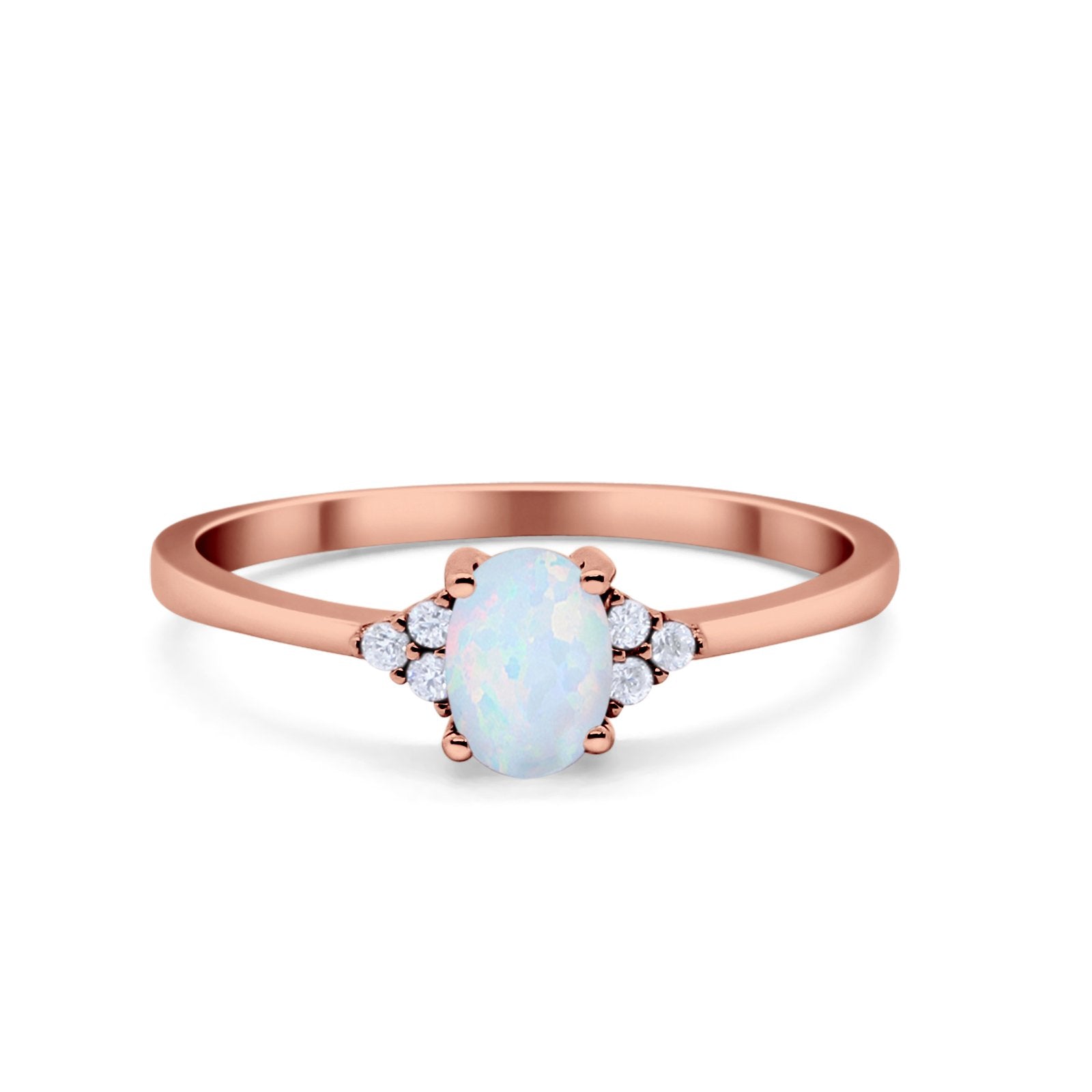Oval Cut Wedding Ring Rose Tone, Lab Created White Opal 925 Sterling Silver