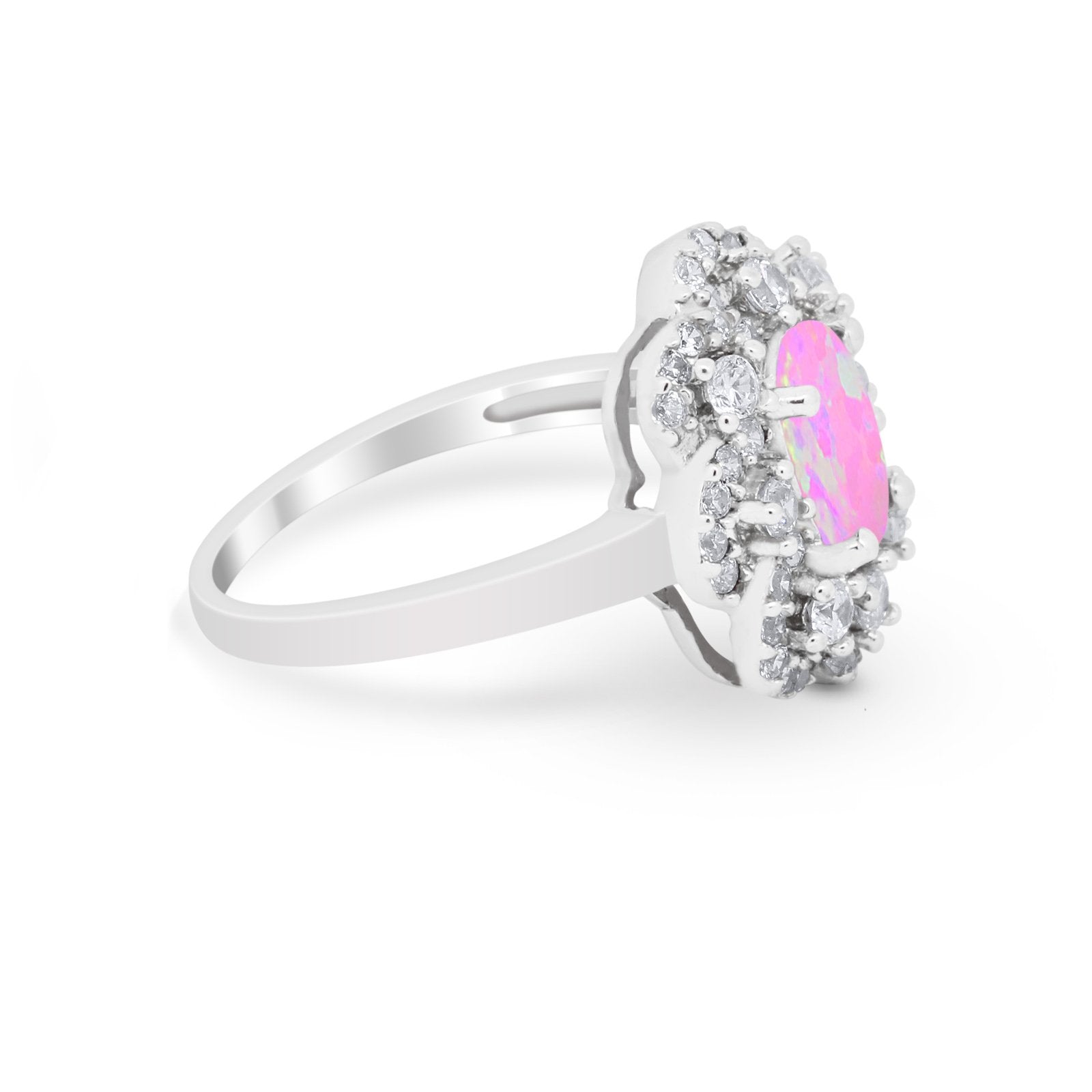 Art Deco Oval Wedding Ring Round Lab Created Pink Opal 925 Sterling Silver