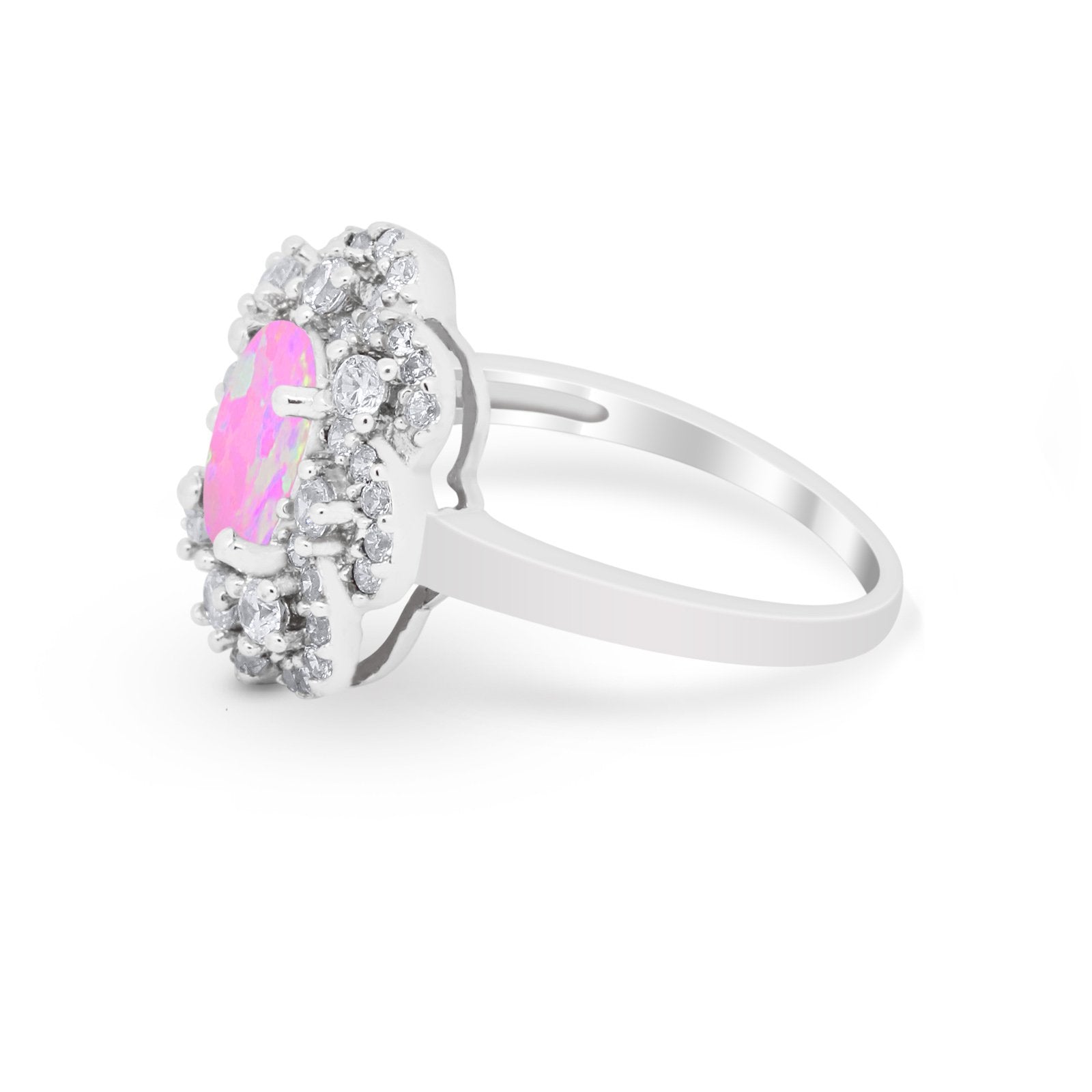 Art Deco Oval Wedding Ring Round Lab Created Pink Opal 925 Sterling Silver
