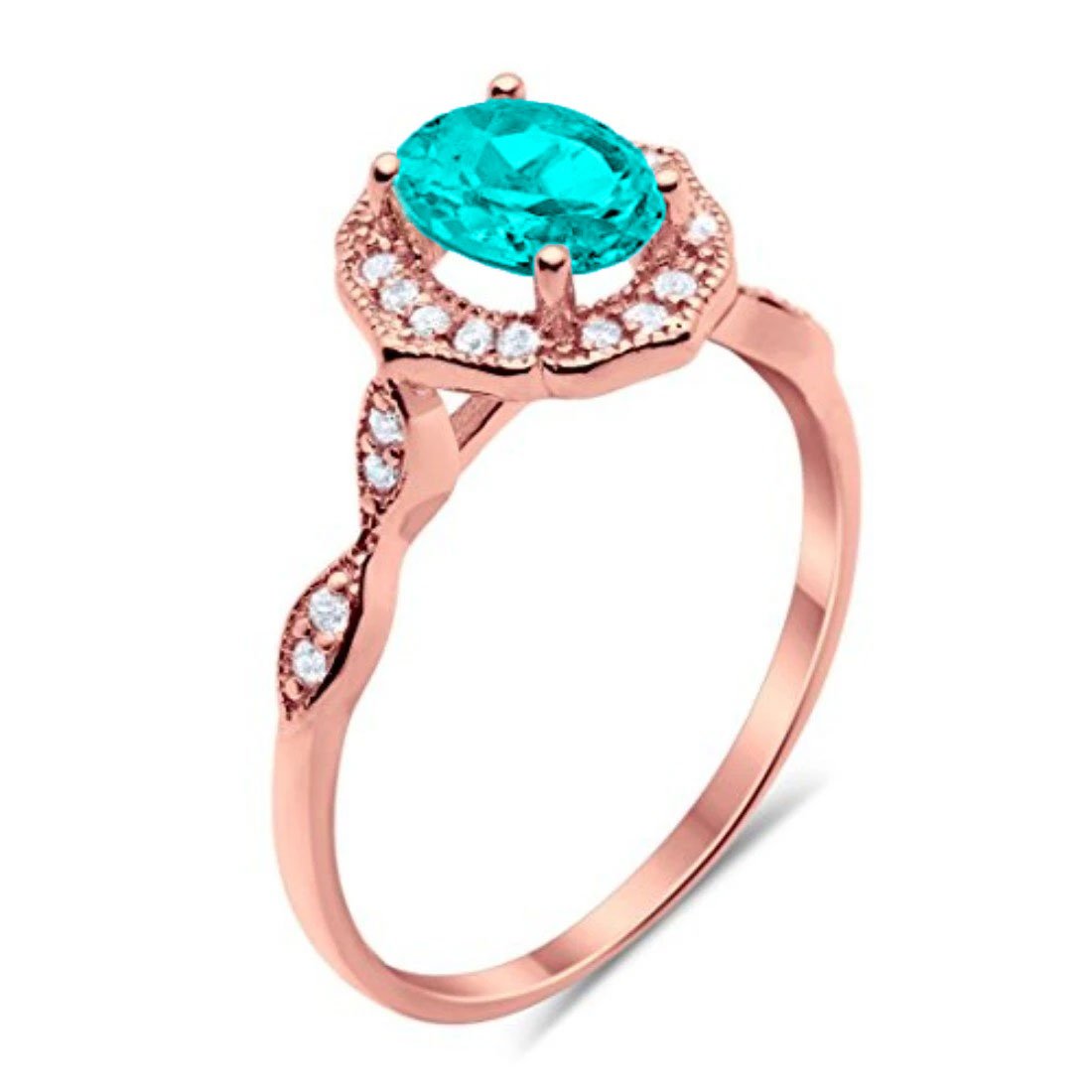 Antique Style Wedding Ring Oval Rose Tone, Simulated Paraiba Tourmaline CZ 925 Sterling Silver