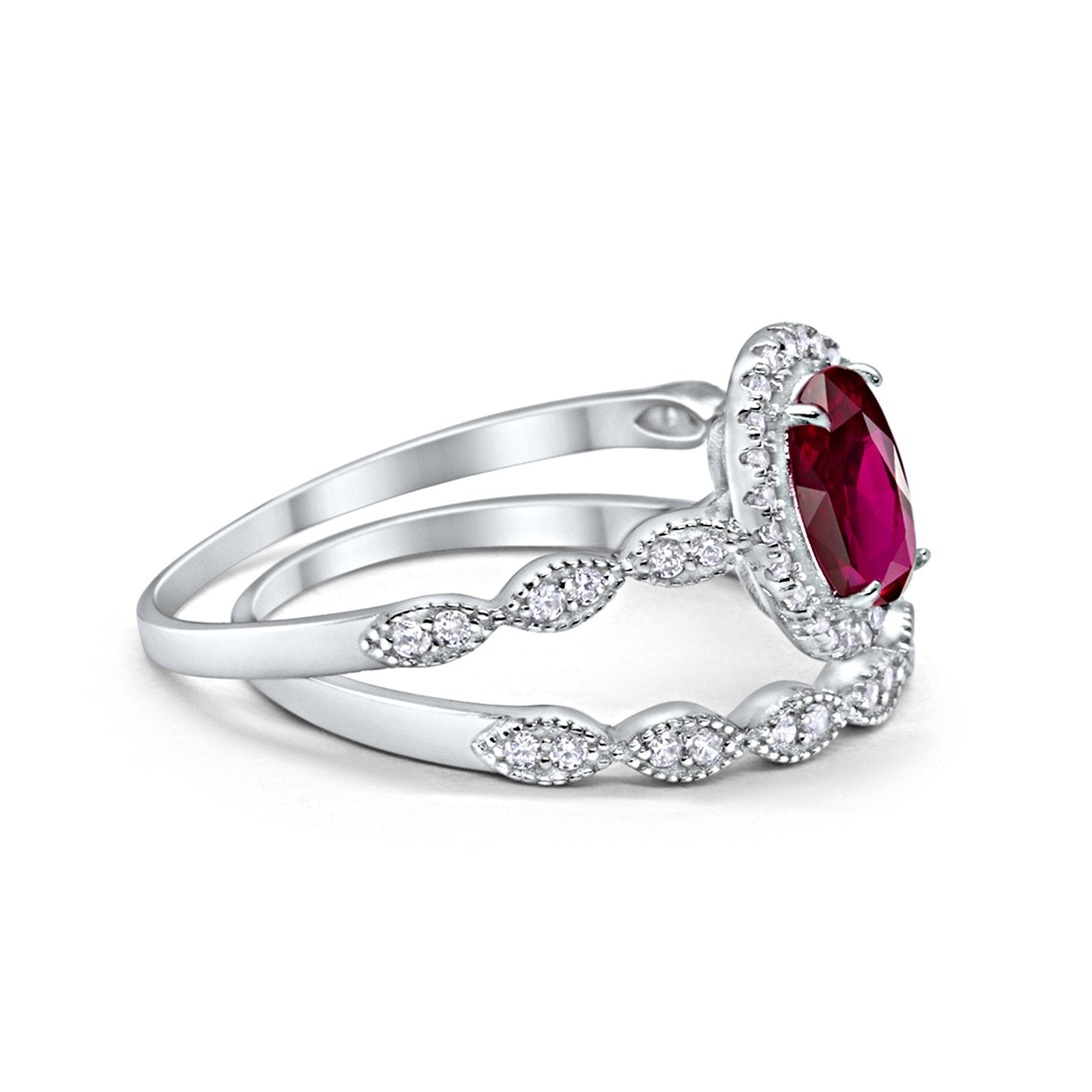 Halo Bridal Set Piece Oval Simulated Ruby CZ Ring 925 Sterling Silver