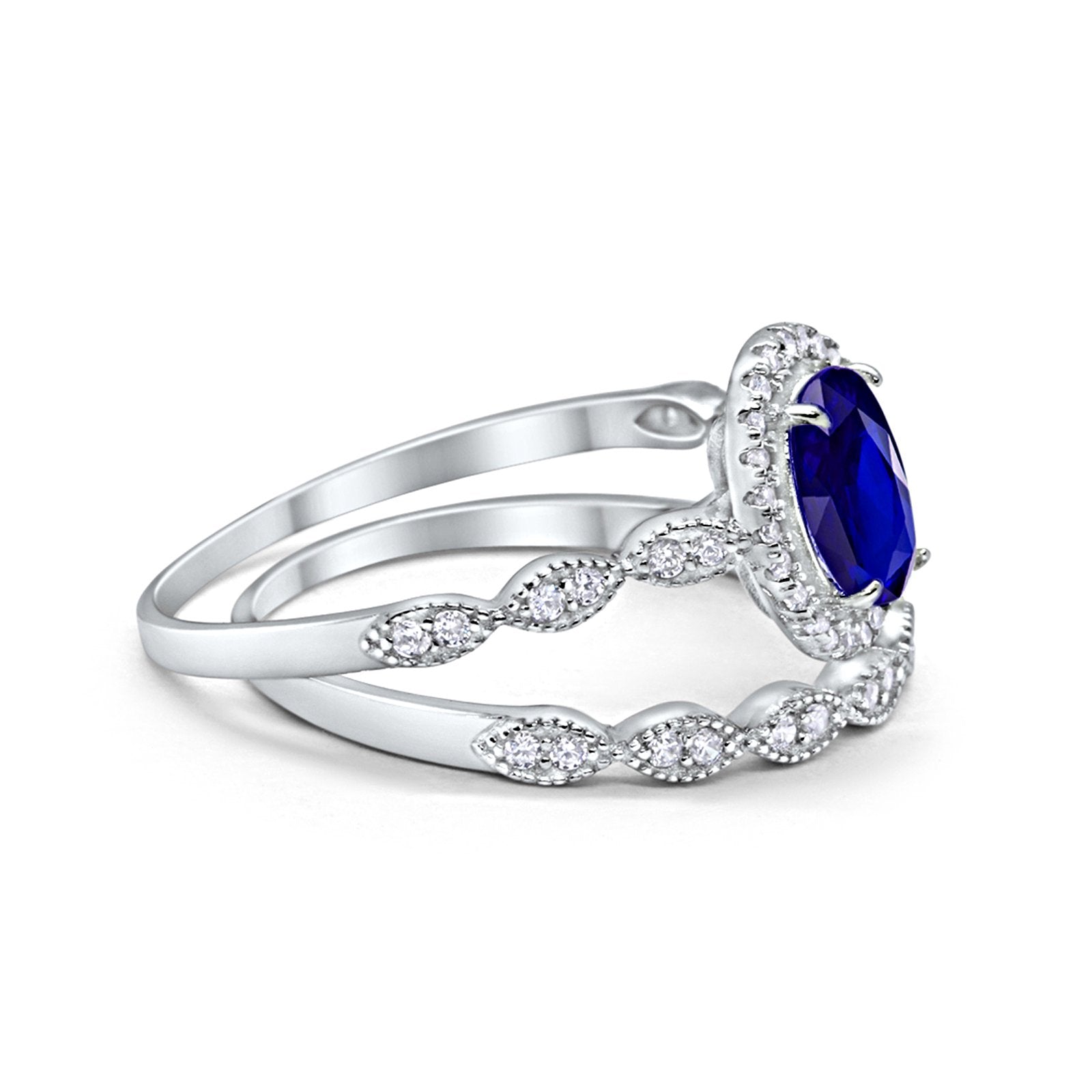 Halo Bridal Set Piece Oval Simulated Blue Sapphire CZ Ring 925 Sterling Silver