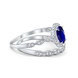 Halo Bridal Set Piece Oval Simulated Blue Sapphire CZ Ring 925 Sterling Silver
