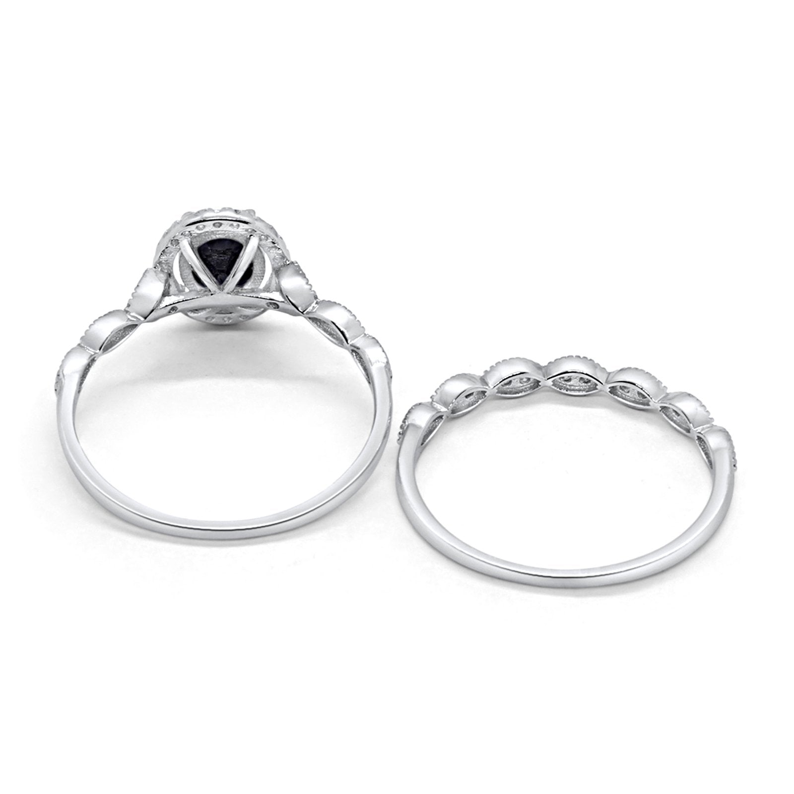 Halo Bridal Set Piece Oval Simulated Black CZ Ring 925 Sterling Silver