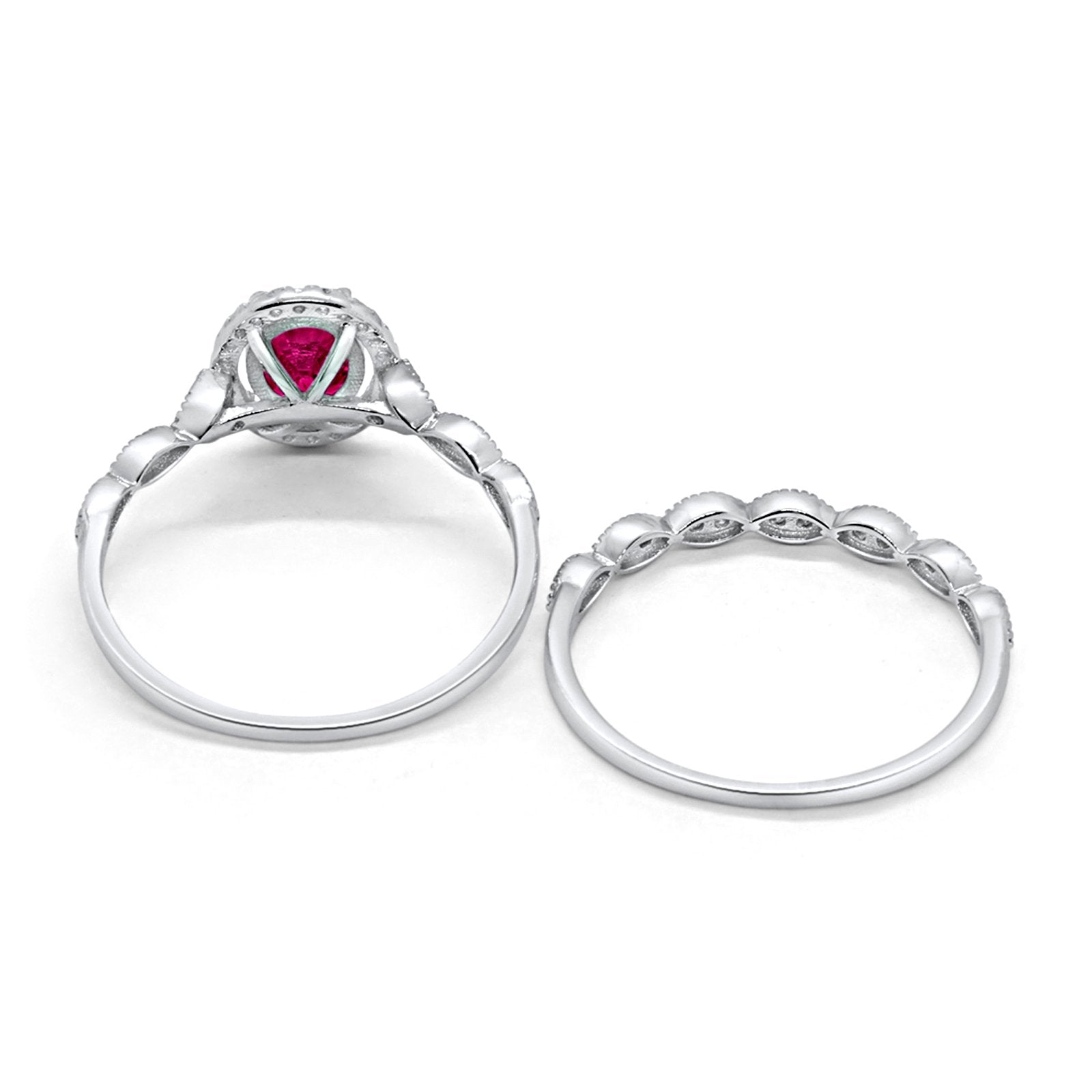 Halo Bridal Set Piece Oval Simulated Ruby CZ Ring 925 Sterling Silver