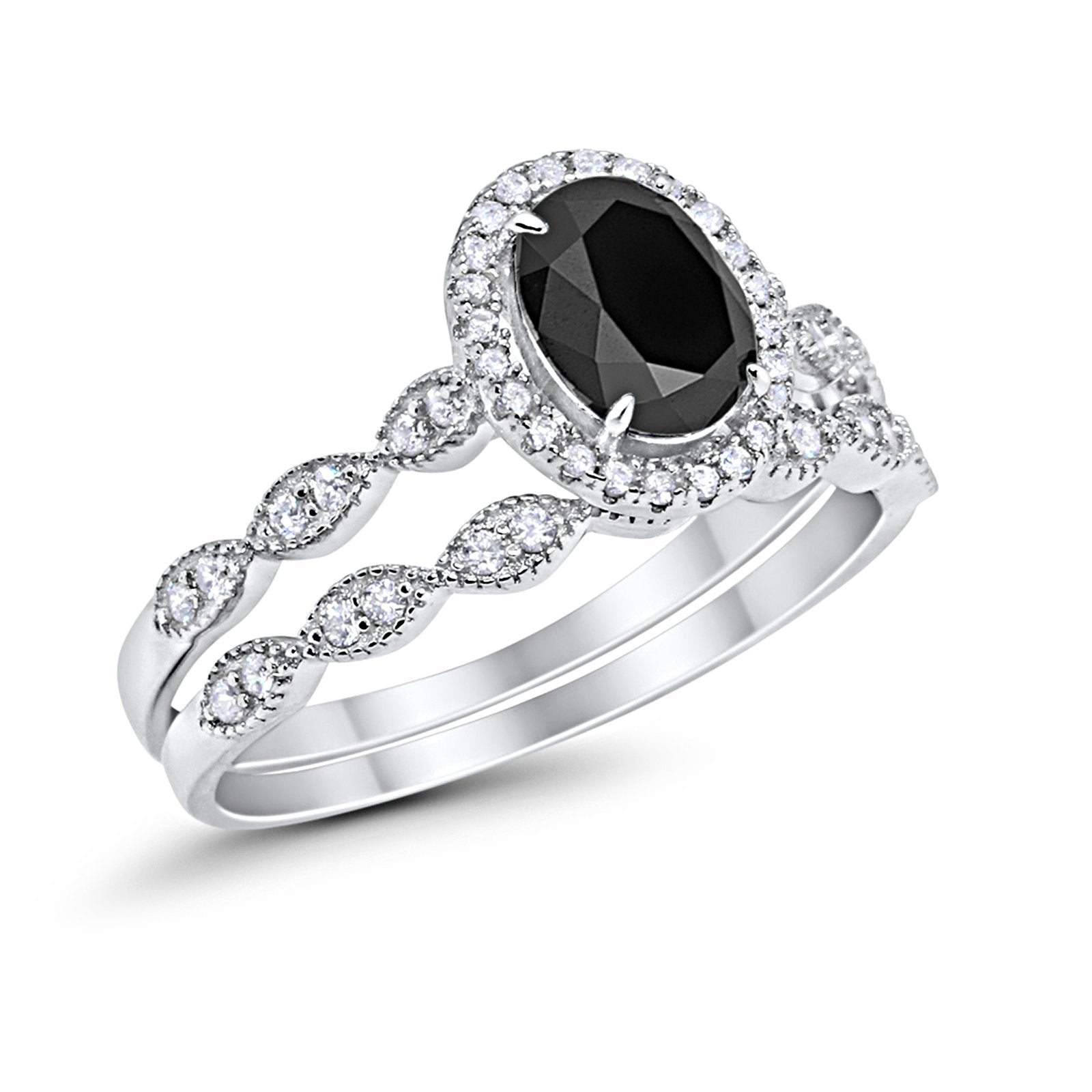Halo Bridal Set Piece Oval Simulated Black CZ Ring 925 Sterling Silver