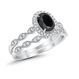 Halo Bridal Set Piece Oval Simulated Black CZ Ring 925 Sterling Silver