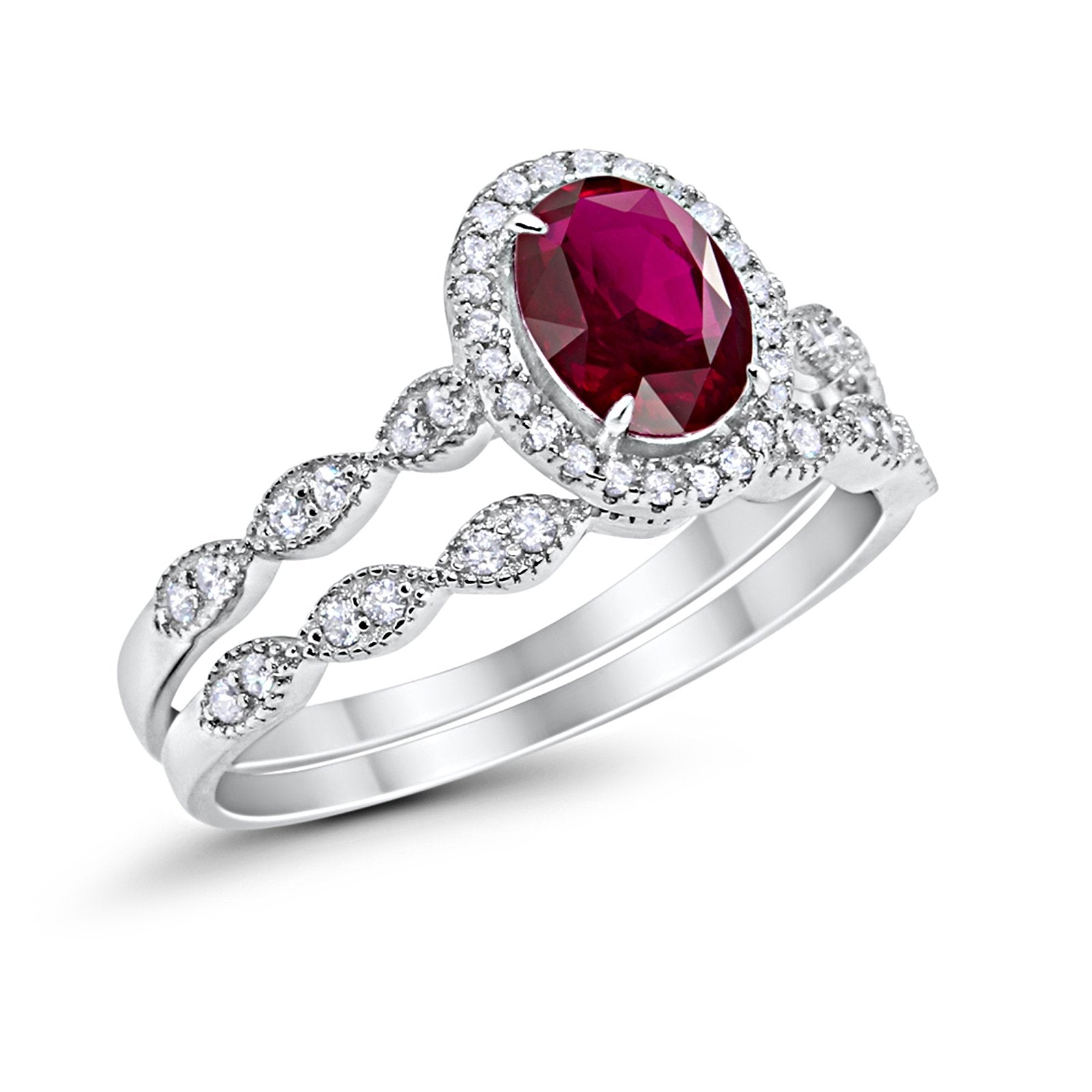 Halo Bridal Set Piece Oval Simulated Ruby CZ Ring 925 Sterling Silver