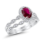 Halo Bridal Set Piece Oval Simulated Ruby CZ Ring 925 Sterling Silver