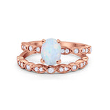 Two Piece Band Engagement Ring Oval Rose Tone, Lab Created White Opal 925 Sterling Silver