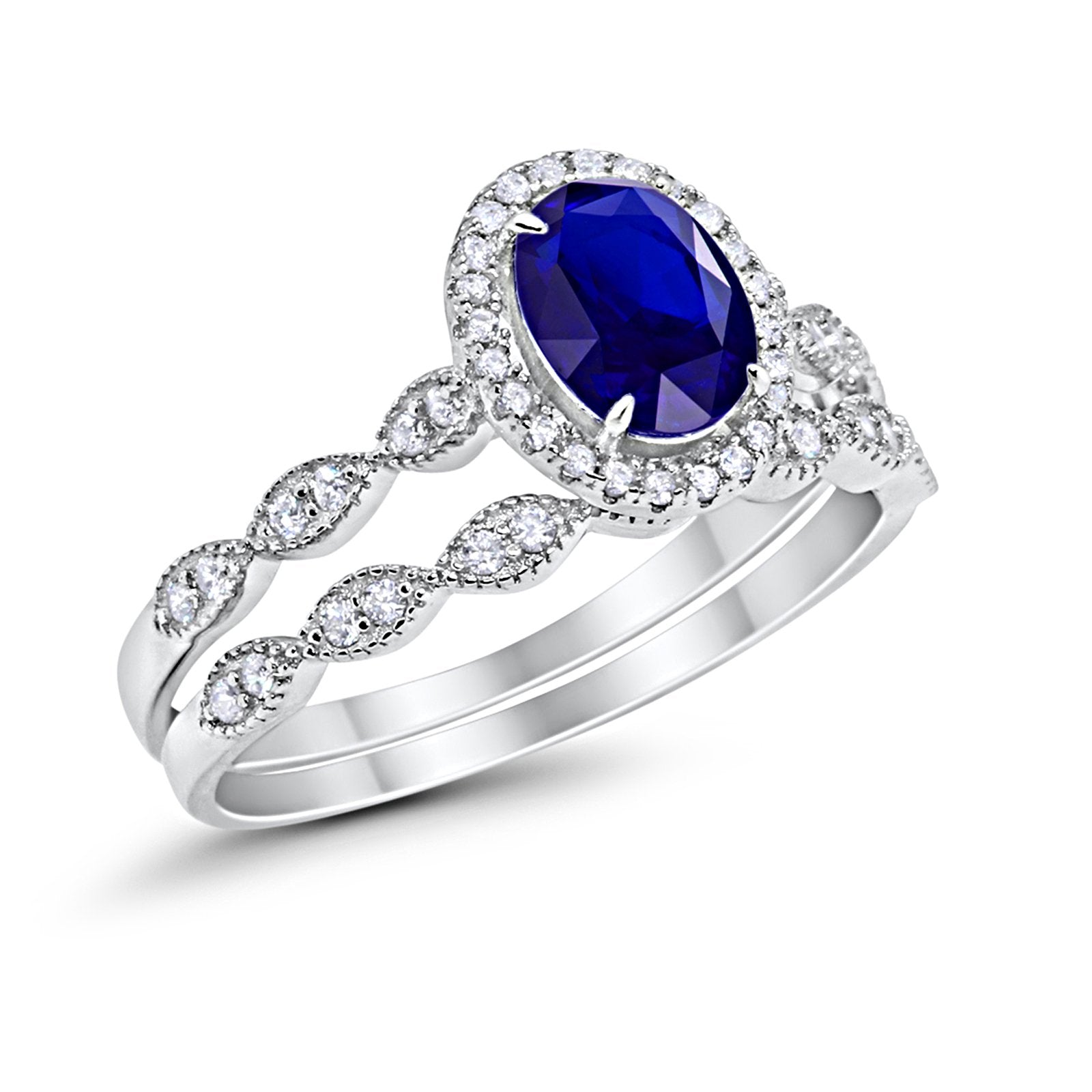 Halo Bridal Set Piece Oval Simulated Blue Sapphire CZ Ring 925 Sterling Silver