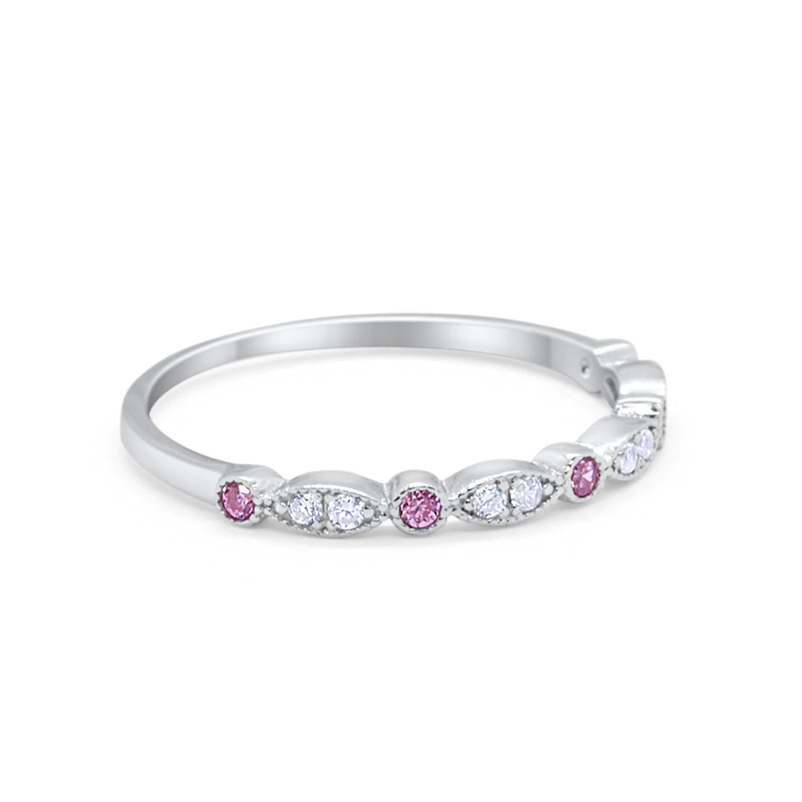 Half Eternity Wedding Band Round Simulated Pink CZ 925 Sterling Silver