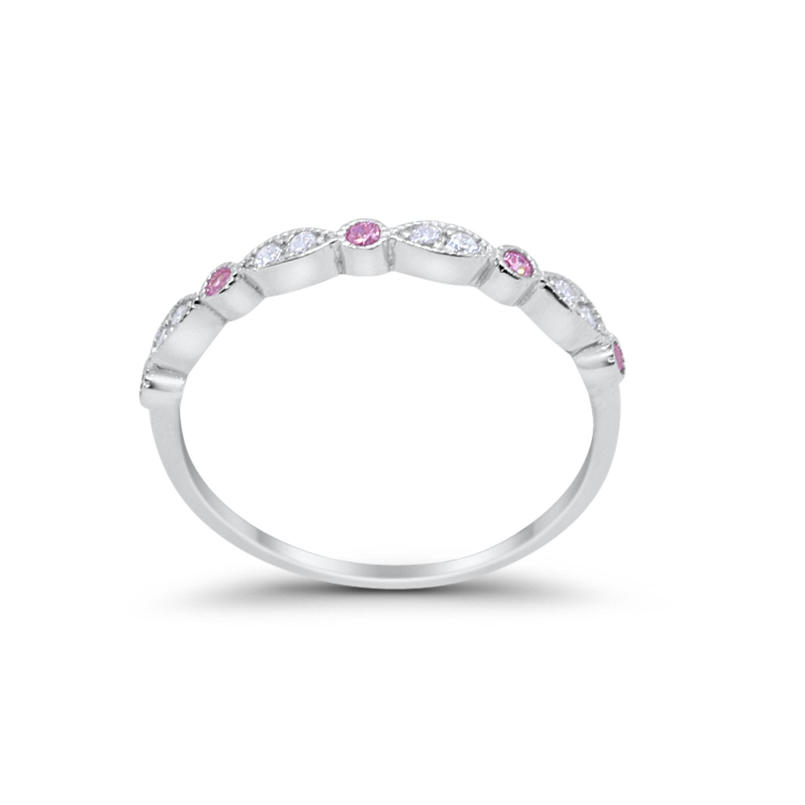 Half Eternity Wedding Band Round Simulated Pink CZ 925 Sterling Silver