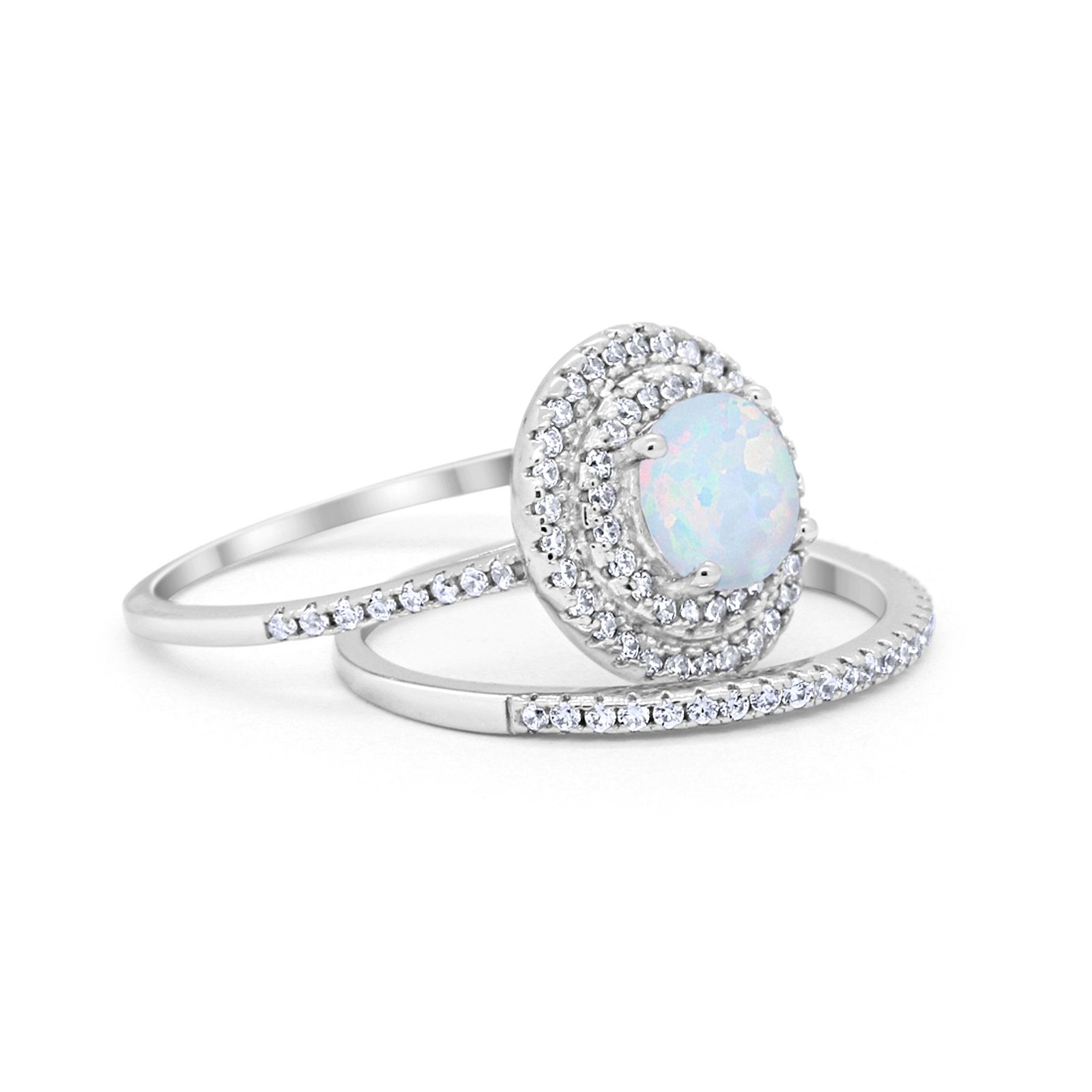 Double Halo Engagement Bridal Piece Ring Lab Created White Opal 925 Sterling Silver