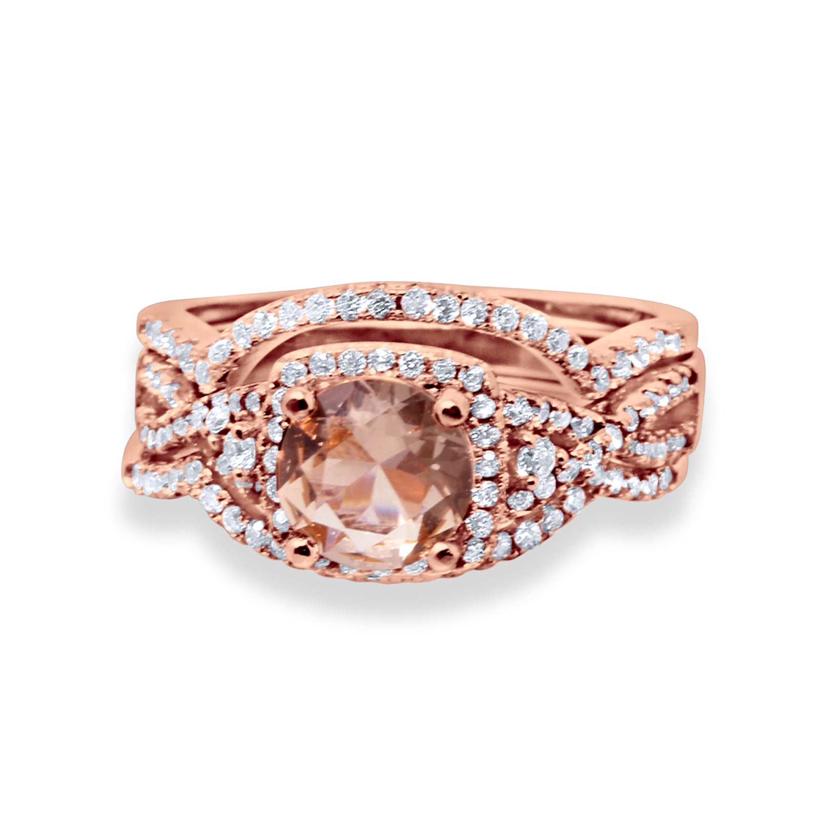 Halo Wedding Trio Set Piece Ring Rose Tone, Simulated Morganite CZ 925 Sterling Silver