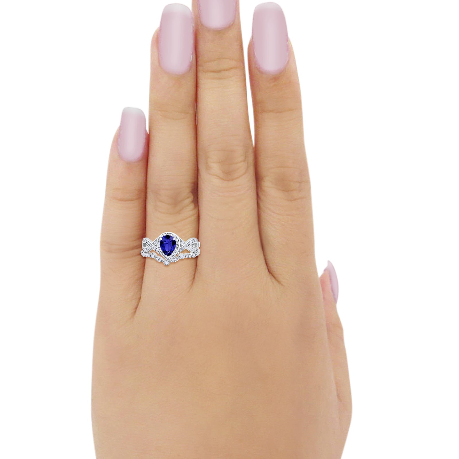 Teardrop Wedding Ring Band Piece Simulated Blue Sapphire CZ 925 Sterling Silver