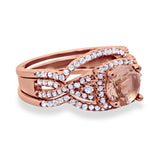Halo Wedding Trio Set Piece Ring Rose Tone, Simulated Morganite CZ 925 Sterling Silver
