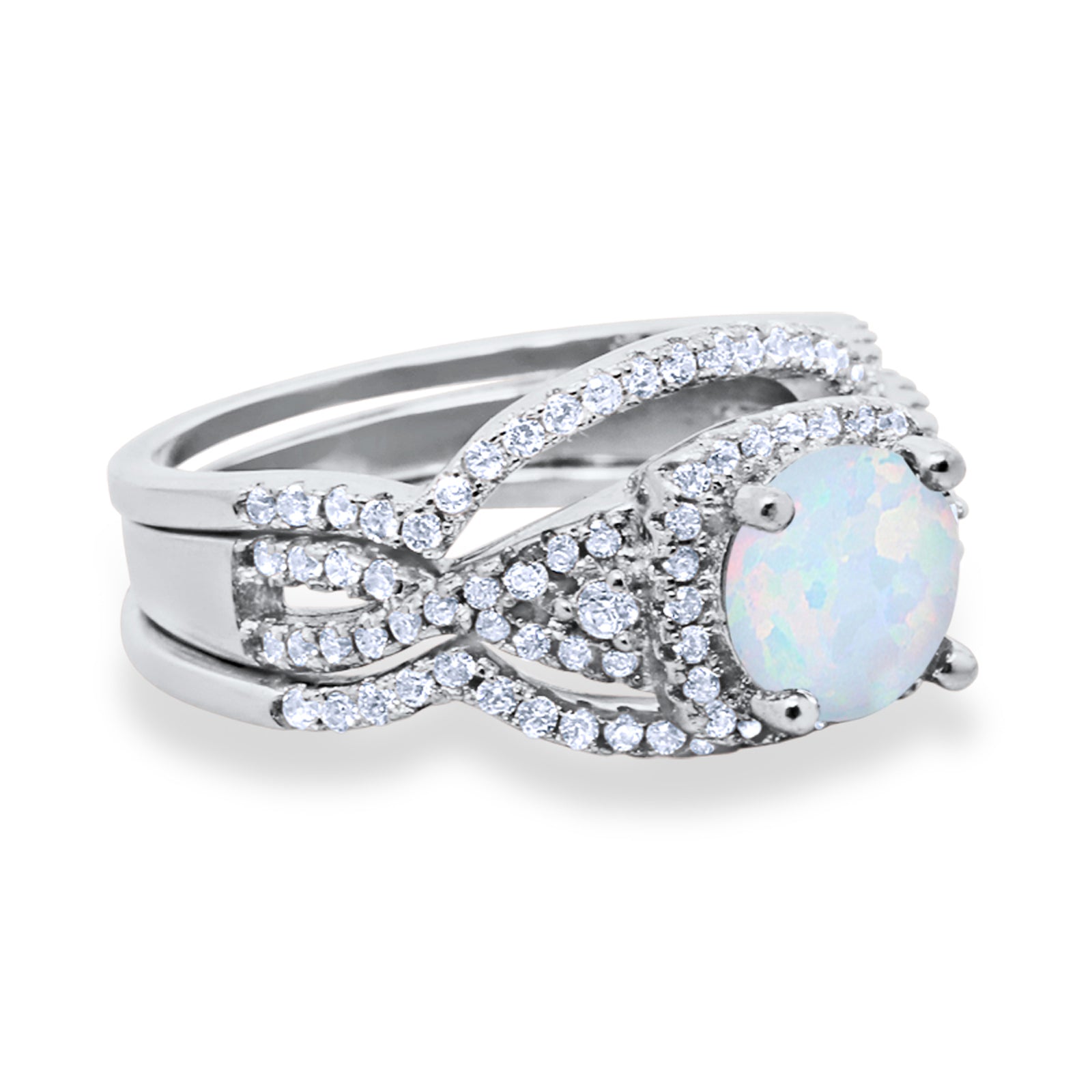 Trio Set Piece Wedding Ring Lab White Opal Round CZ 925 Sterling Silver