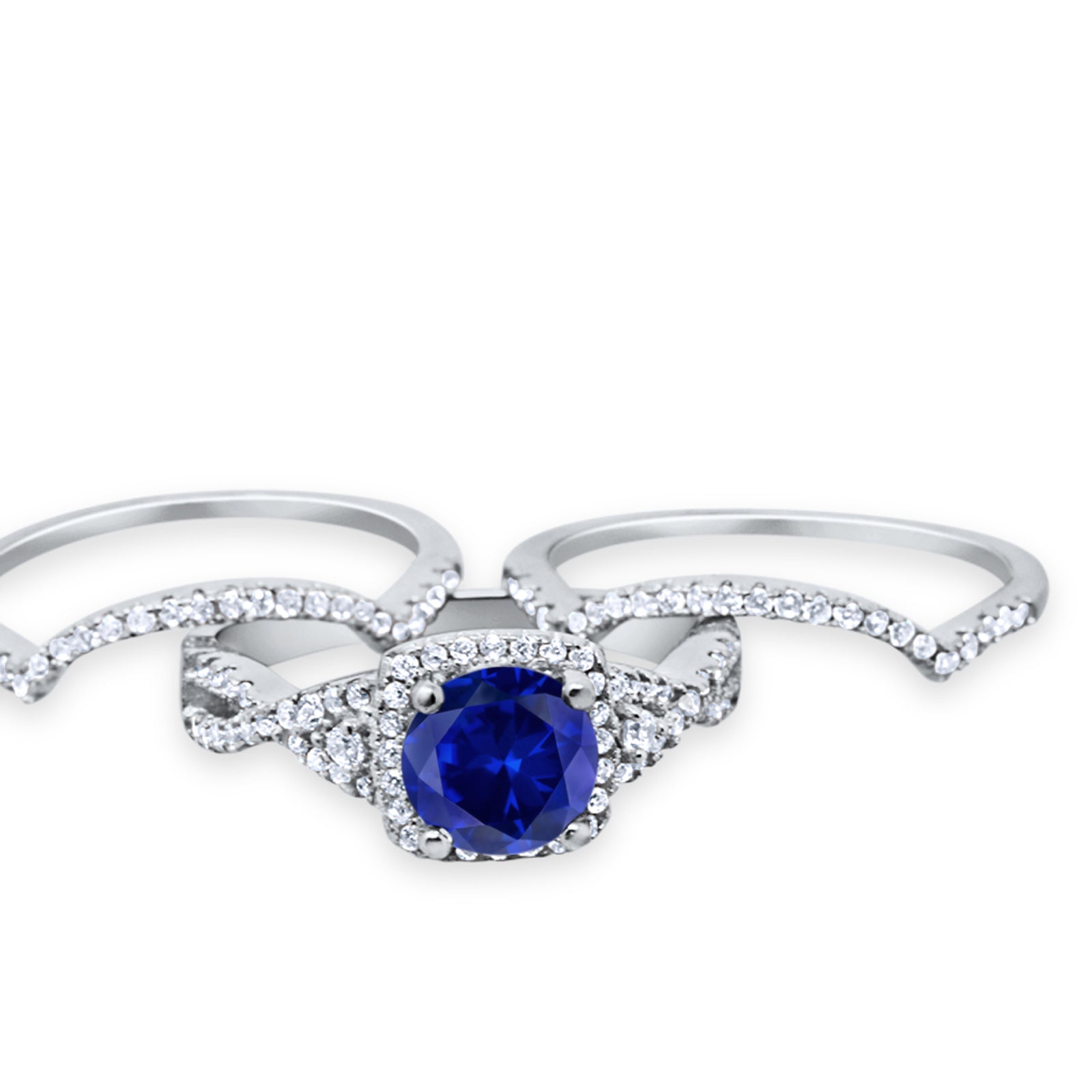 Three Piece Wedding Ring Simulated Blue Sapphire CZ 925 Sterling Silver