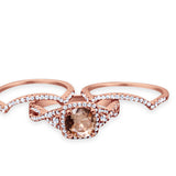 Halo Wedding Trio Set Piece Ring Rose Tone, Simulated Morganite CZ 925 Sterling Silver