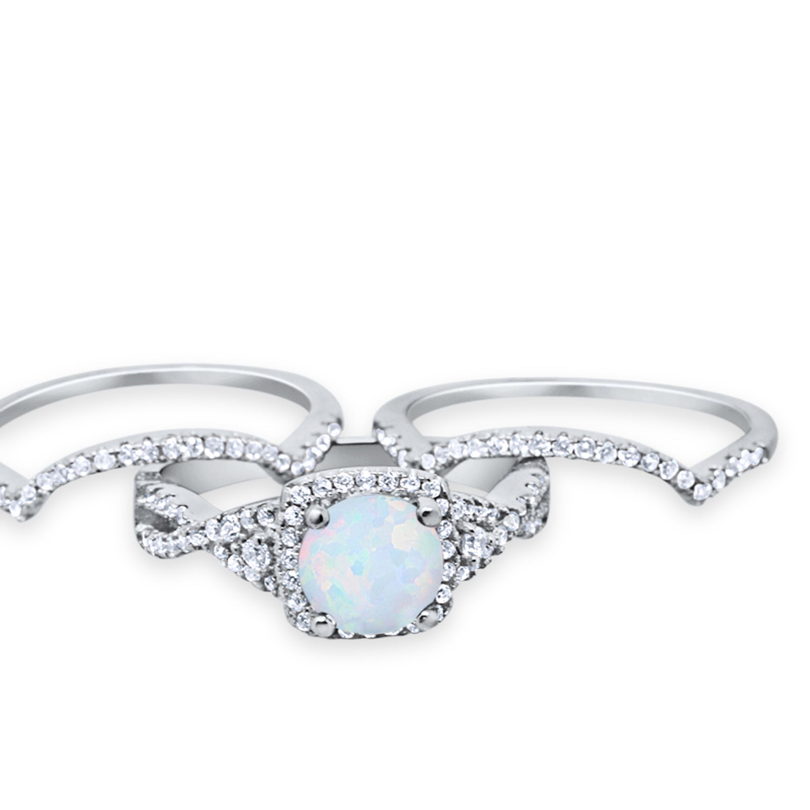 Trio Set Piece Wedding Ring Lab White Opal Round CZ 925 Sterling Silver