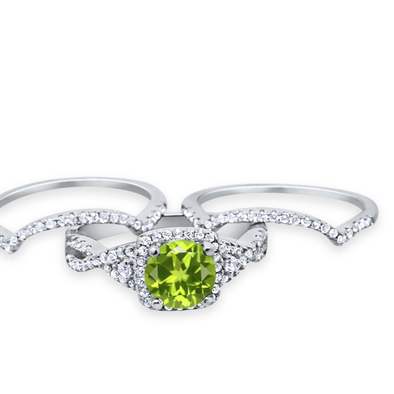 Three Piece Wedding Ring Simulated Peridot CZ 925 Sterling Silver