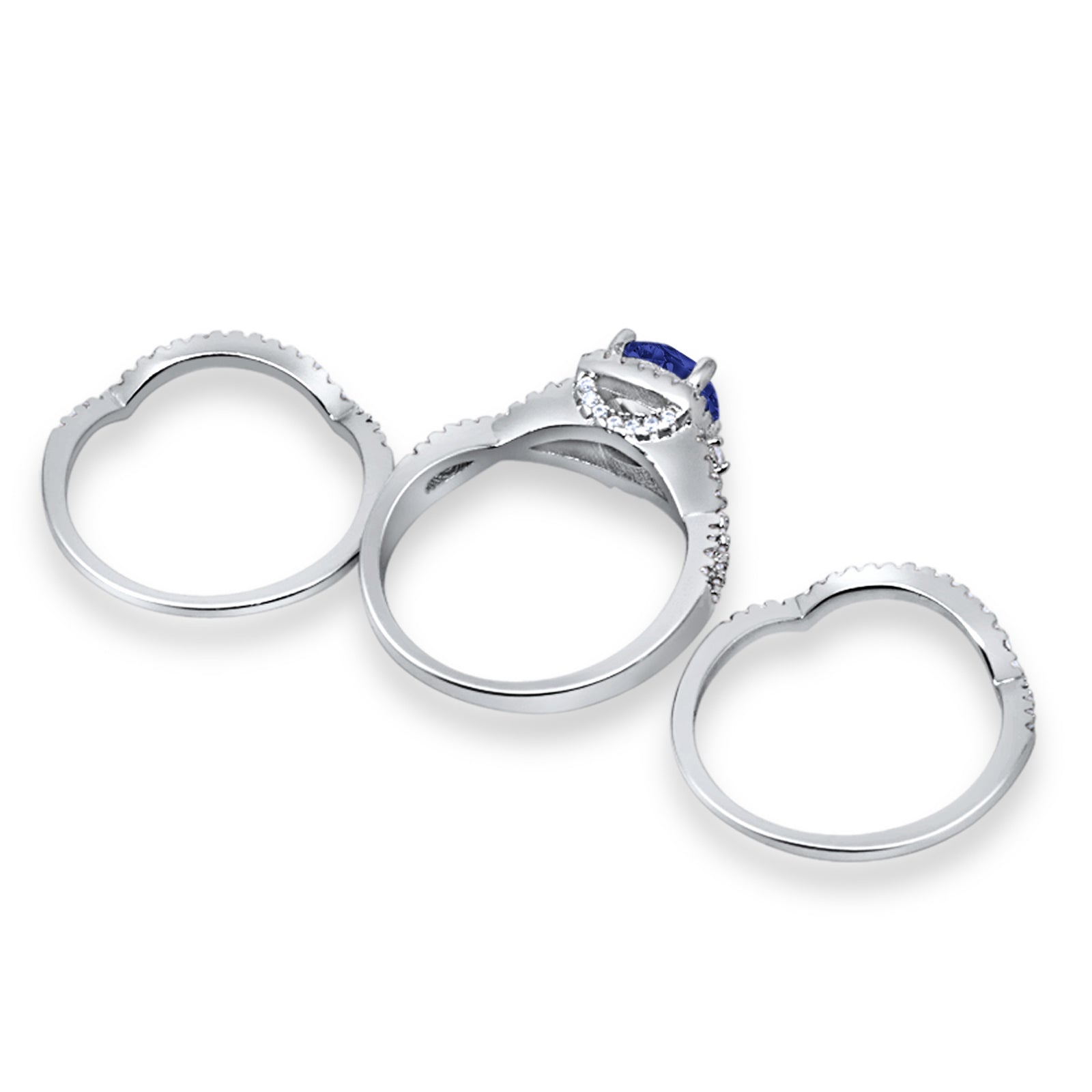 Three Piece Wedding Ring Simulated Blue Sapphire CZ 925 Sterling Silver