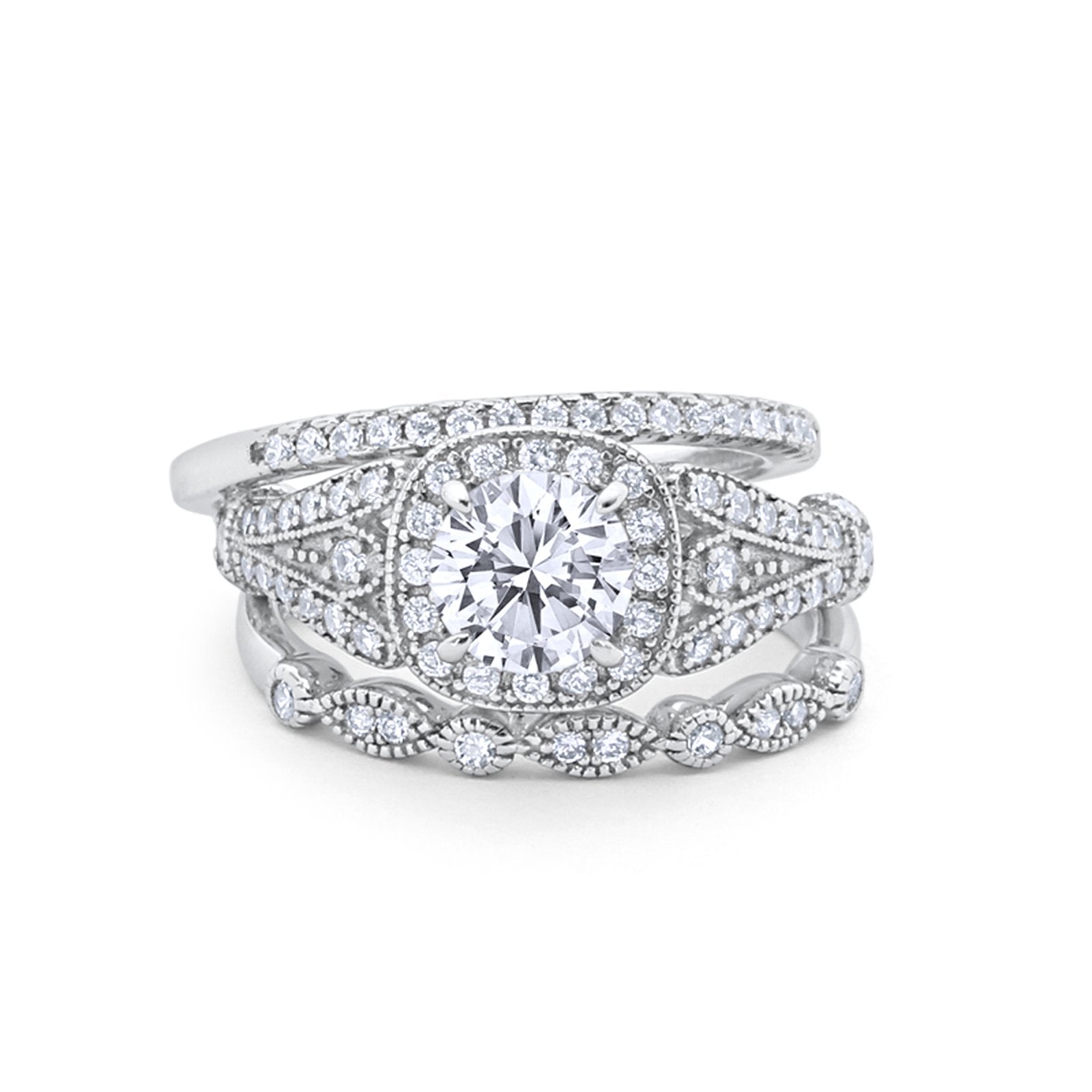 Three Piece Art Deco Bridal Wedding Ring Simulated Cubic Zirconia 925 Sterling Silver