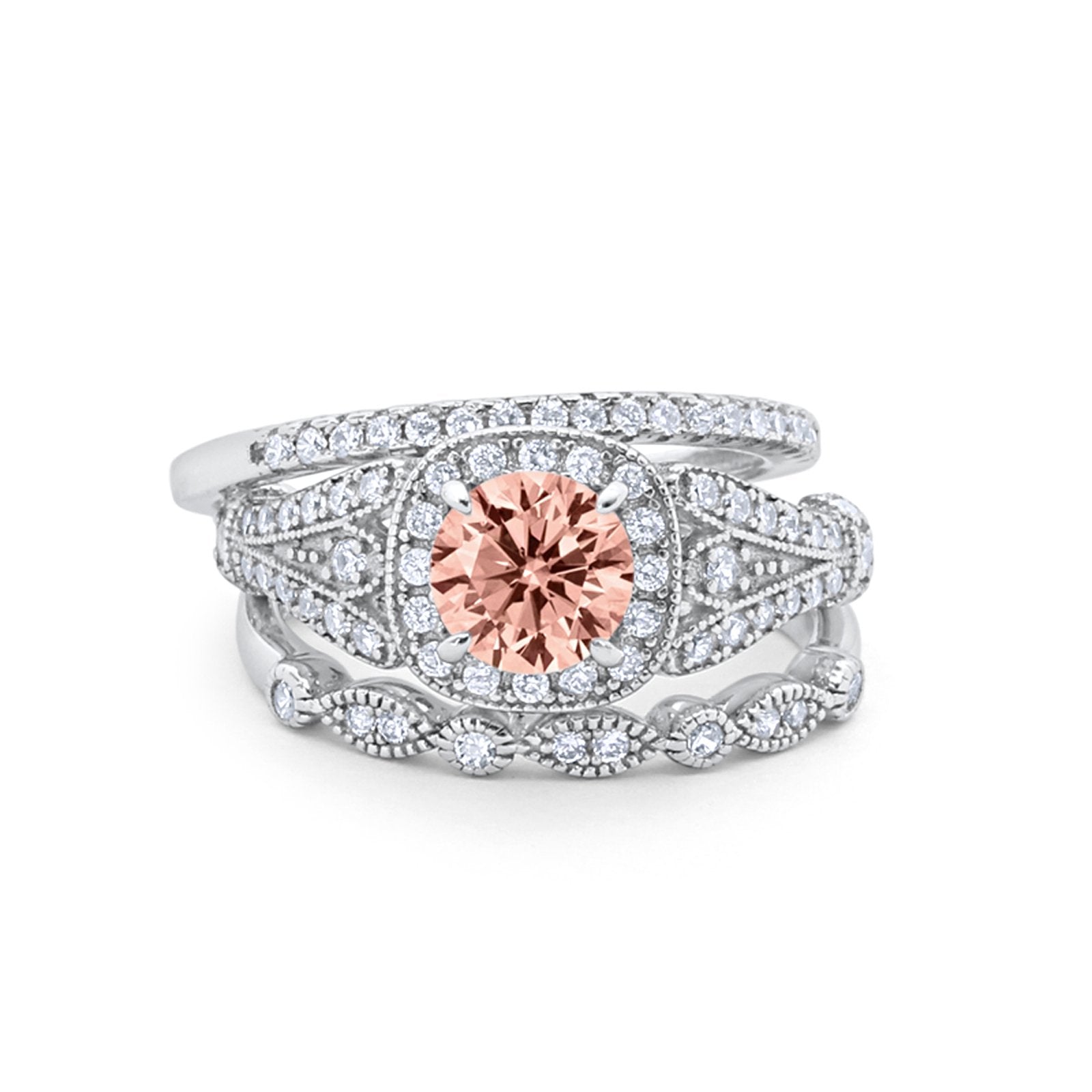 Three Piece Art Deco Bridal Wedding Ring Simulated Morganite CZ 925 Sterling Silver
