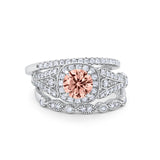 Three Piece Art Deco Bridal Wedding Ring Simulated Morganite CZ 925 Sterling Silver