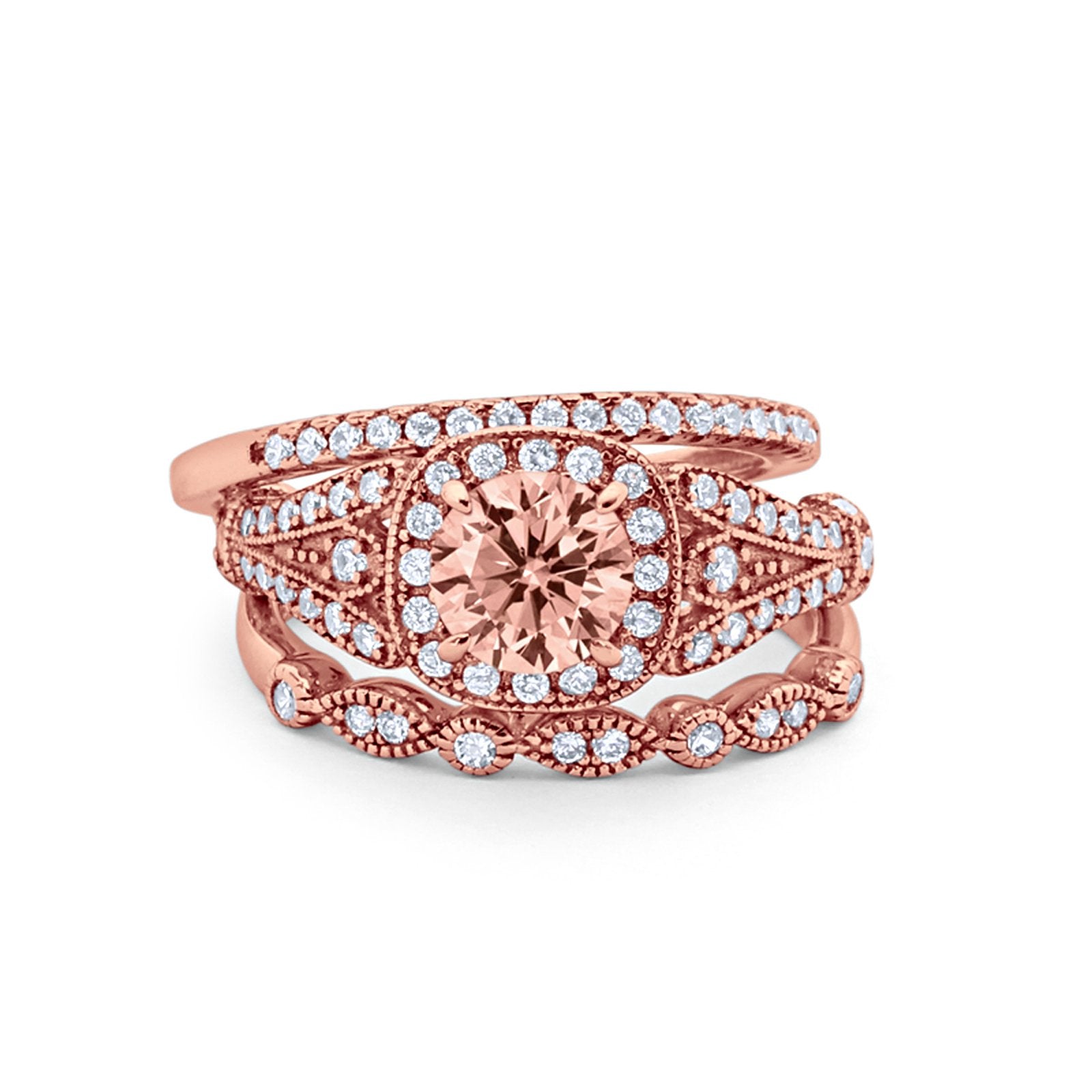 Three Piece Art Deco Bridal Wedding Ring Rose Tone, Simulated Morganite CZ 925 Sterling Silver