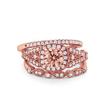 Three Piece Art Deco Bridal Wedding Ring Rose Tone, Simulated Morganite CZ 925 Sterling Silver