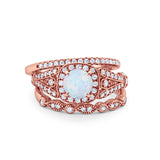 Three Piece Art Deco Bridal Wedding Ring Rose Tone, Lab Created White Opal 925 Sterling Silver
