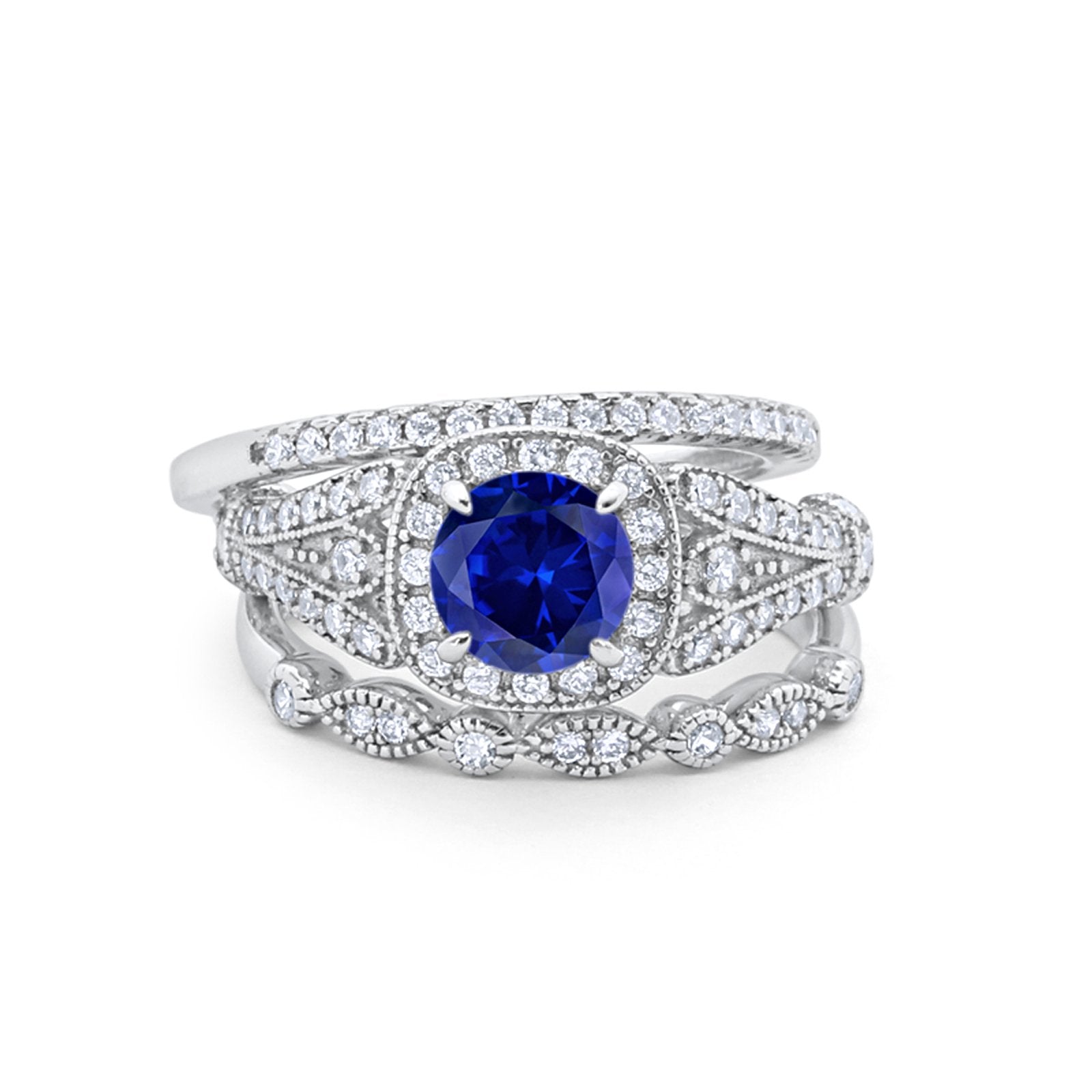 Three Piece Art Deco Bridal Wedding Ring Simulated Blue Sapphire CZ 925 Sterling Silver