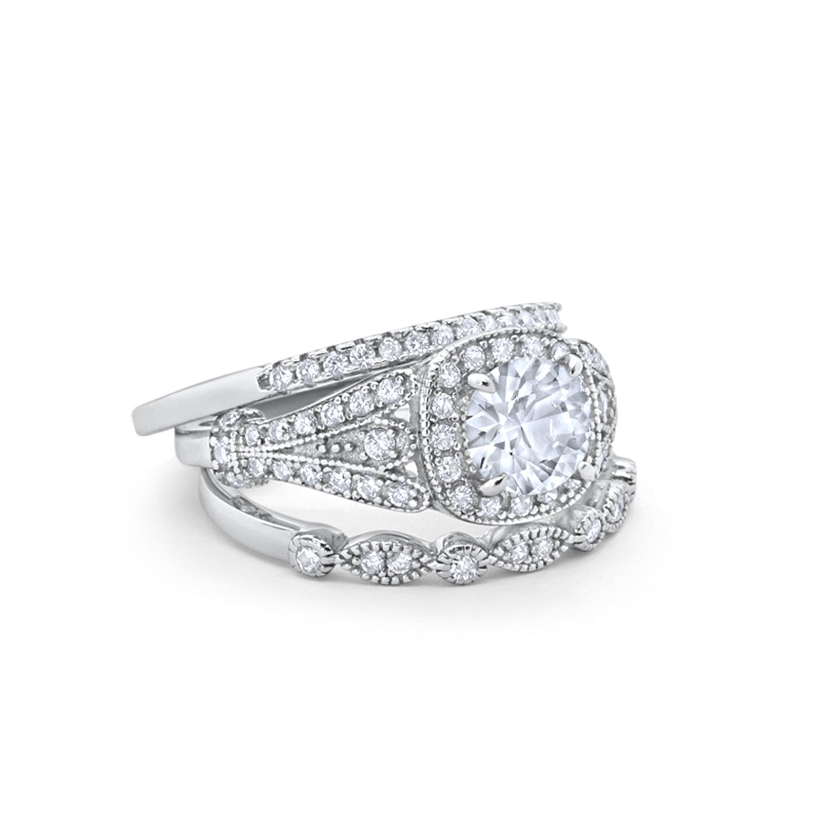Three Piece Art Deco Bridal Wedding Ring Simulated Cubic Zirconia 925 Sterling Silver