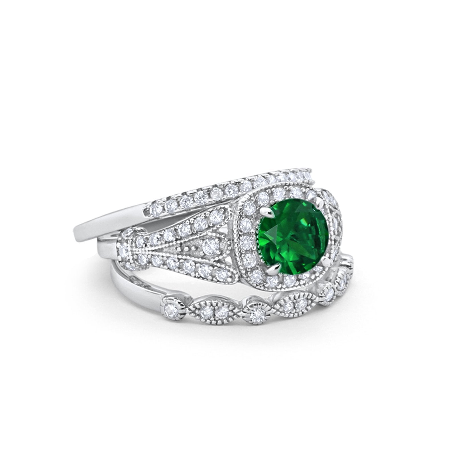 Three Piece Art Deco Bridal Wedding Ring Simulated Green Emerald CZ 925 Sterling Silver
