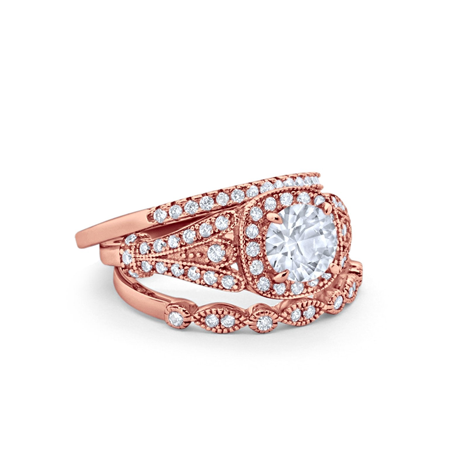 Three Piece Art Deco Bridal Wedding Ring Rose Tone, Simulated Cubic Zirconia 925 Sterling Silver