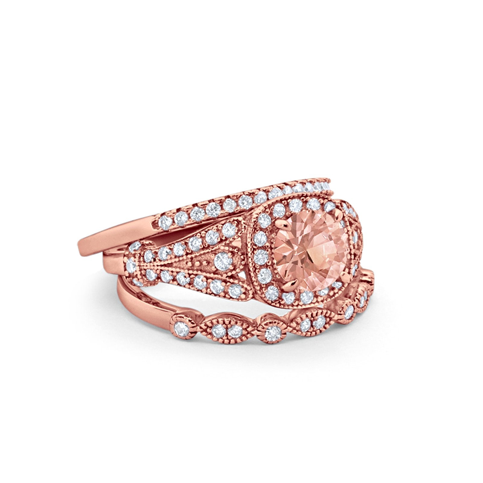 Three Piece Art Deco Bridal Wedding Ring Rose Tone, Simulated Morganite CZ 925 Sterling Silver
