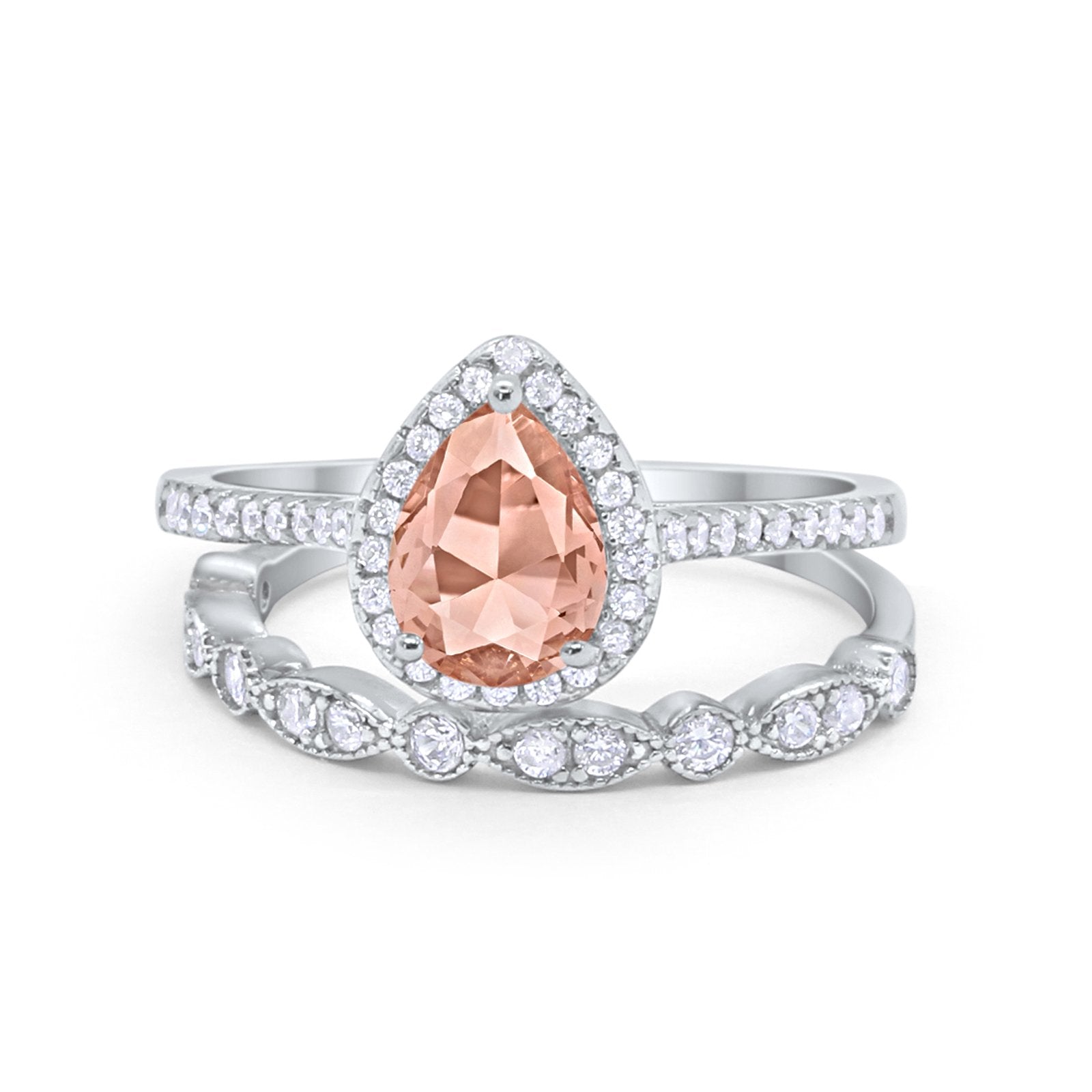 Teardrop Bridal Piece Wedding Ring Simulated Morganite CZ Art Deco Band 925 Sterling Silver