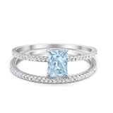 Art Deco Two Piece Wedding Ring Radiant Simulated Aquamarine CZ 925 Sterling Silver