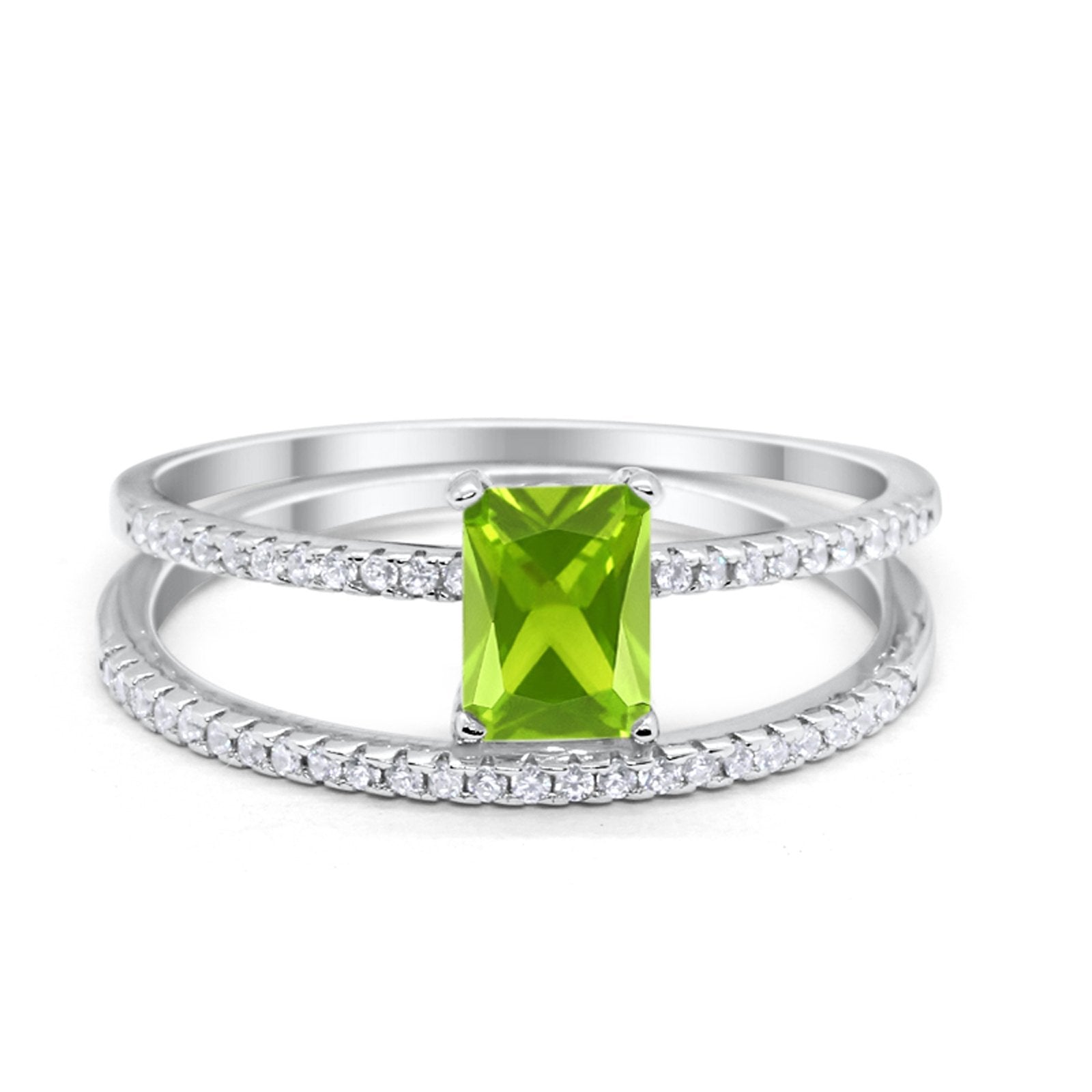Art Deco Two Piece Wedding Ring Radiant Simulated Peridot CZ 925 Sterling Silver